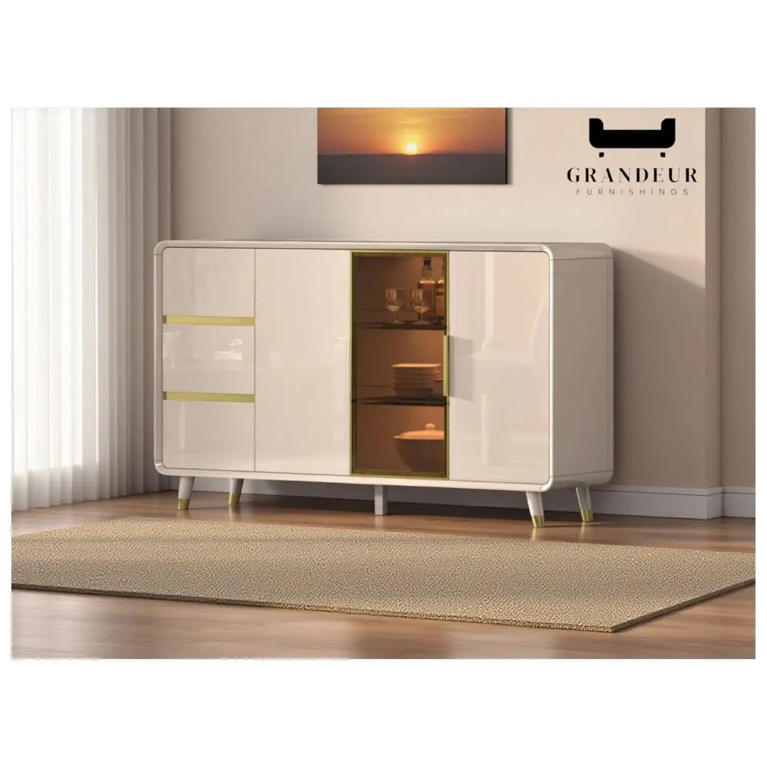Elegant Gloss Light Khaki Side Cabinet with Gold Chrome Plated Accents & Tempered Glass Grandeur Furnishings