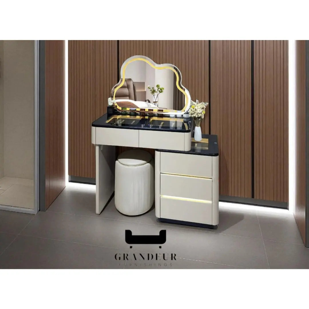 Vanity Table with LED Light and Unique Cloud-Shaped Mirror  Dressing Table Set Grandeur Furnishings