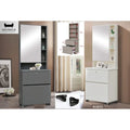 Compact mirrored dressing table options with open interior and stool insets