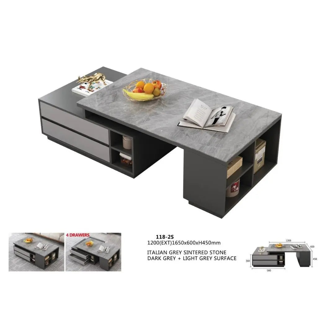 Modern Italian Grey Sintered Stone Coffee Table with 4 Drawers & Storage Grandeur Furnishings
