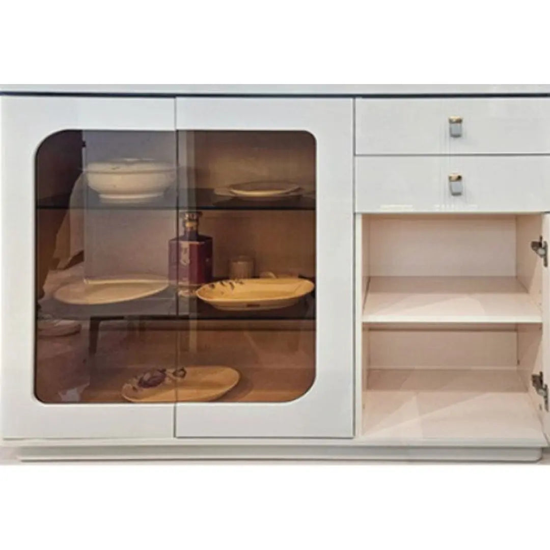 Side Cabinet with LED Lighting & Tempered Glass  Glossy White Finish Sleek Storage Solution Grandeur Furnishings