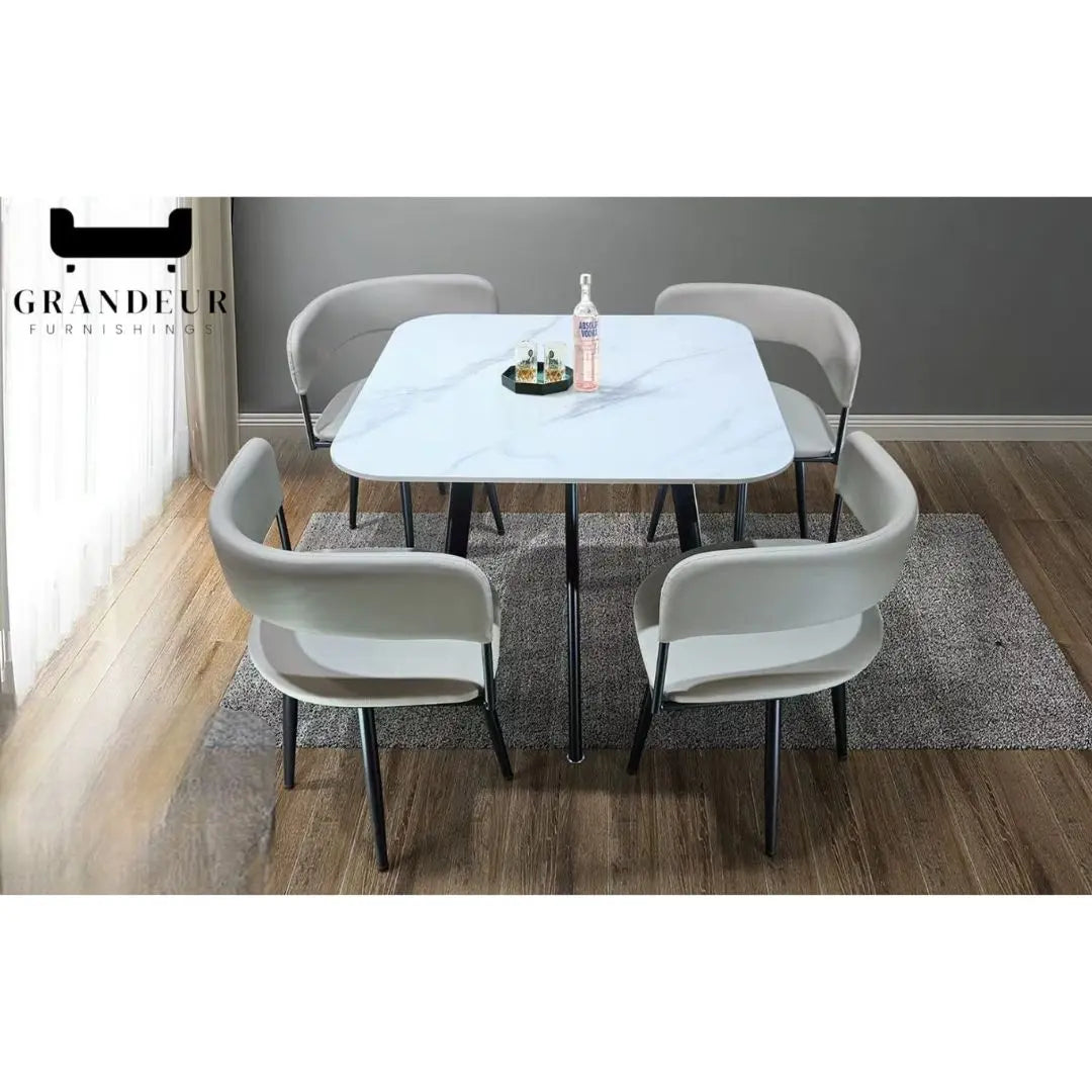 Modern 1+4 Dining Table Set with Sintered Stone Top & 4 Upholstered Chairs Grandeur Furnishings