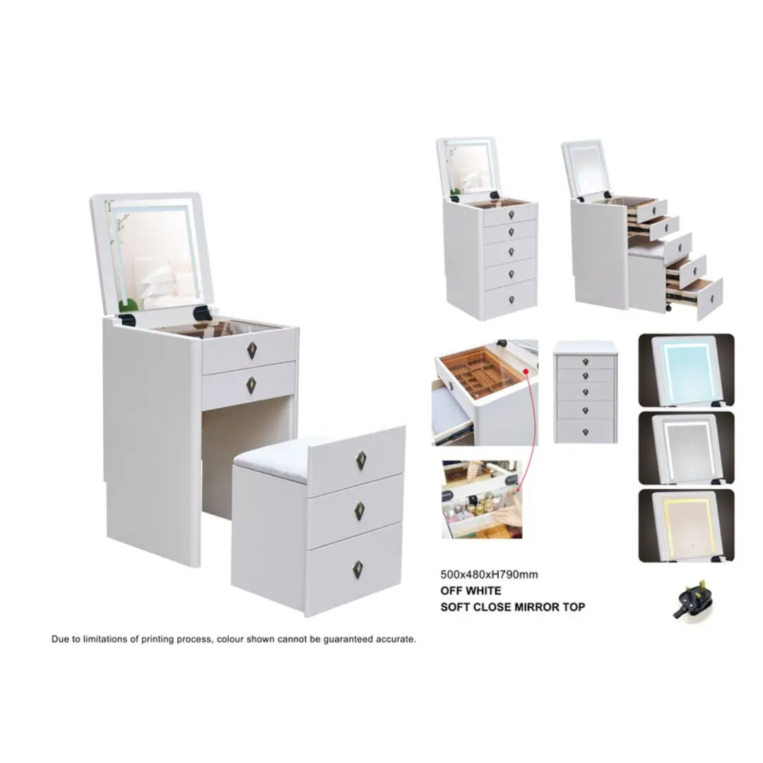 Space Saving Dressing Table Set with Soft-Close Mirror Top & Storage Stool Grandeur Furnishings