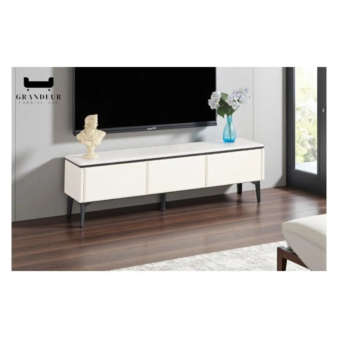 Contemporary TV Console & Coffee Table Set – Sleek White Design, Spacious Storage Grandeur Furnishings