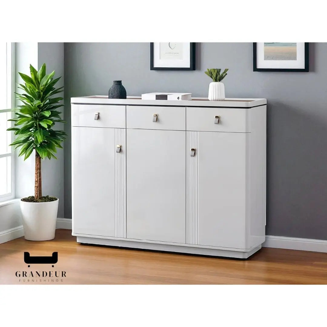 Glossy Shoe Cabinet with Glass Top Grandeur Furnishings