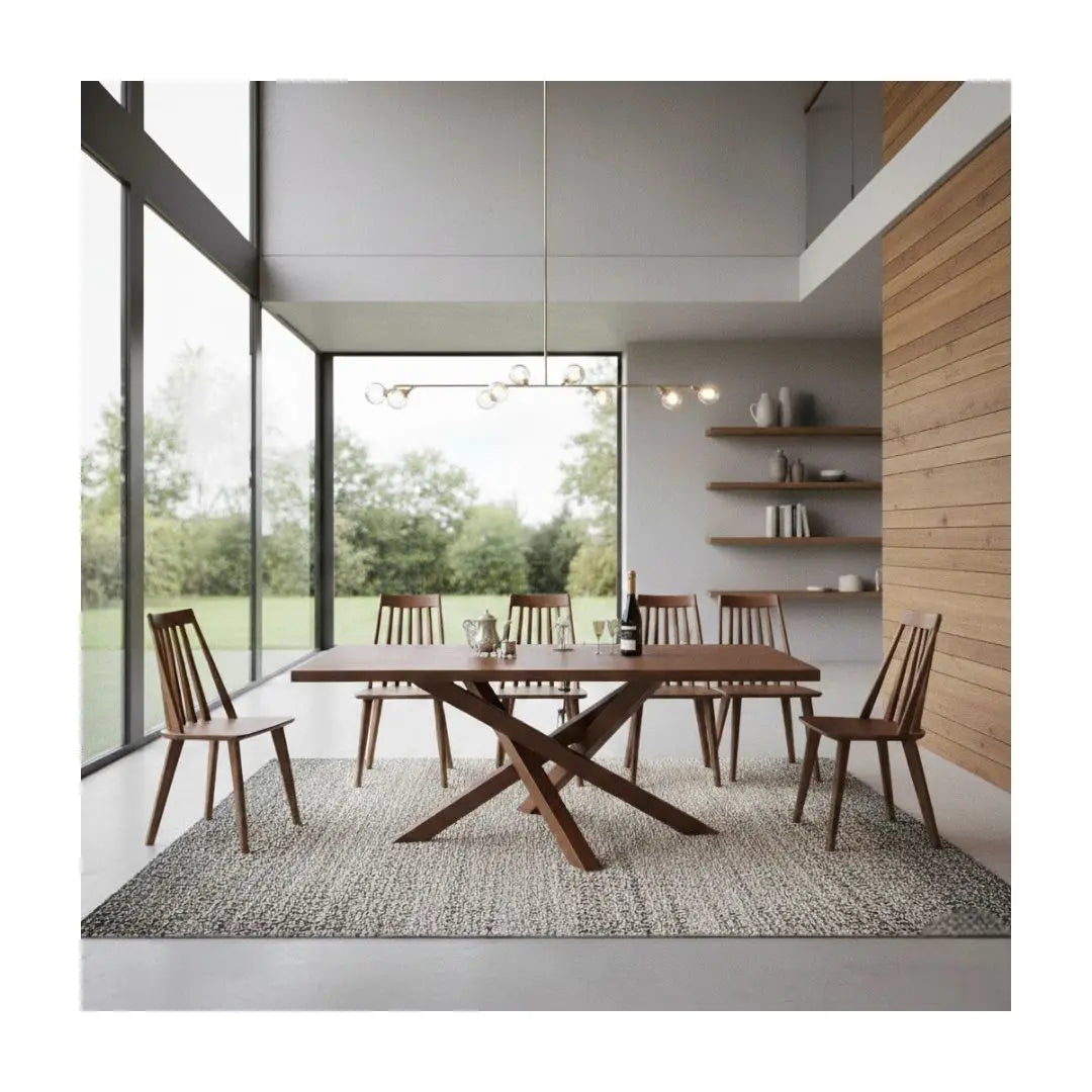 Elegant Walnut Solid Wood Dining Table Set 1+6 with X-Leg Grandeur Furnishings