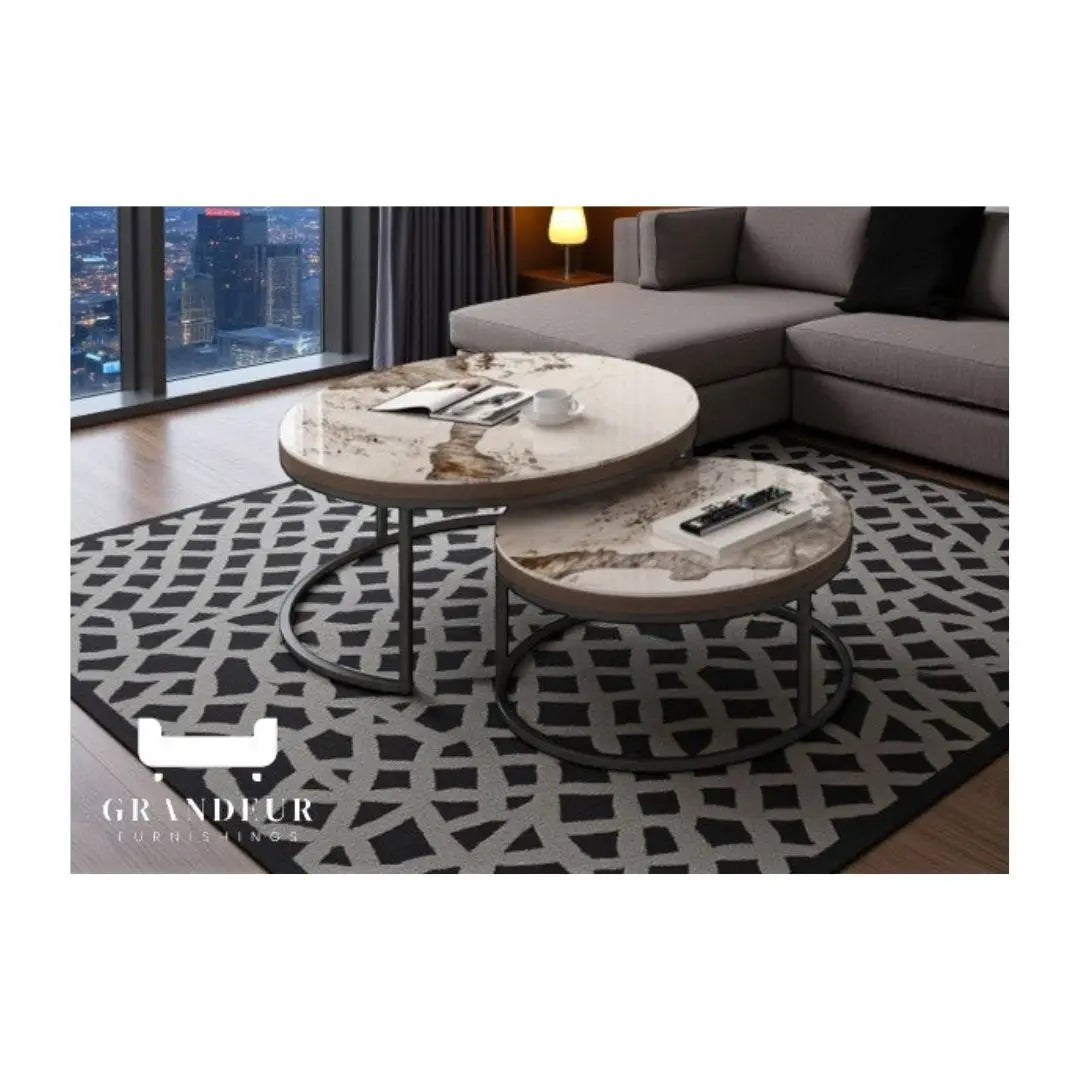 Elegant Round Nesting Coffee Table with Gloss Sintered Stone Top Grandeur Furnishings