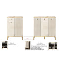 Narrow white fluted shoe cabinets with interior and size information