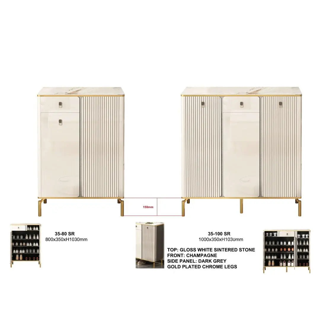 Elegant Shoe Cabinet with Gold-Plated Chrome Legs & Gloss White Sintered Stone Top Grandeur Furnishings