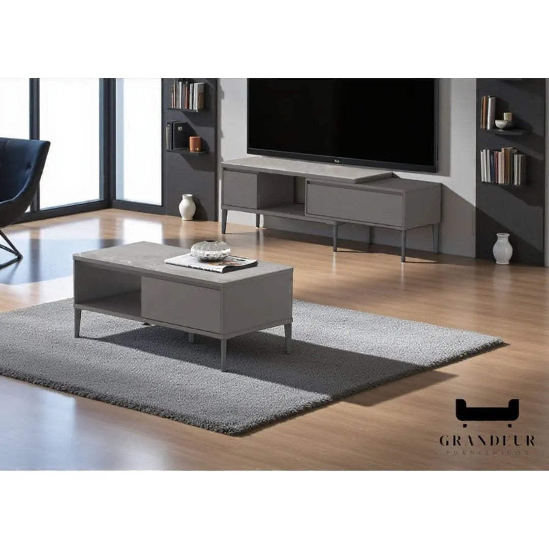 TV Console & Coffee Table Set – Gloss White or Gloss Grey Finish with Sintered Stone Top Grandeur Furnishings