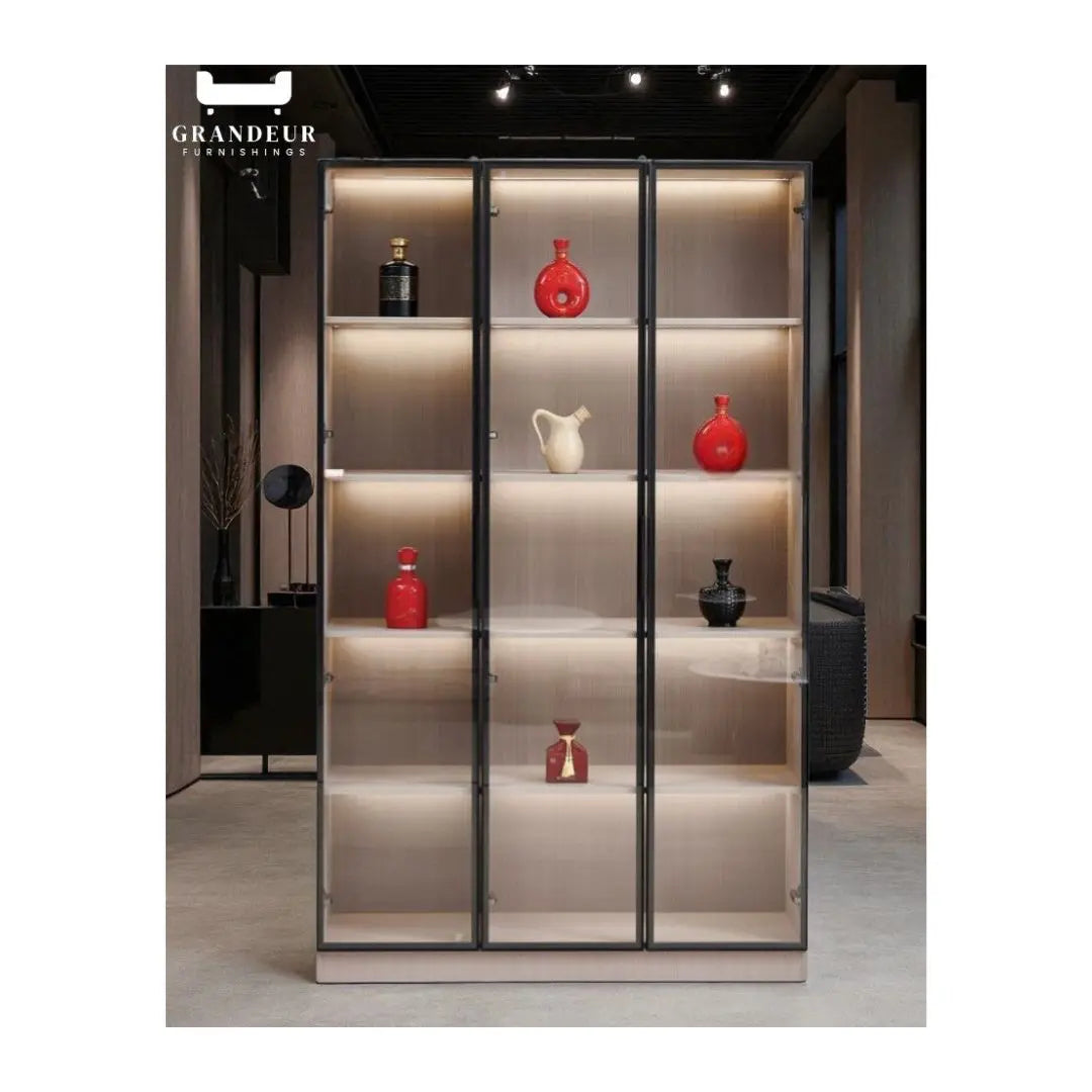 Contemporary Wood-Finish Glass Display Cabinet with LED Sensor Lighting Grandeur Furnishings