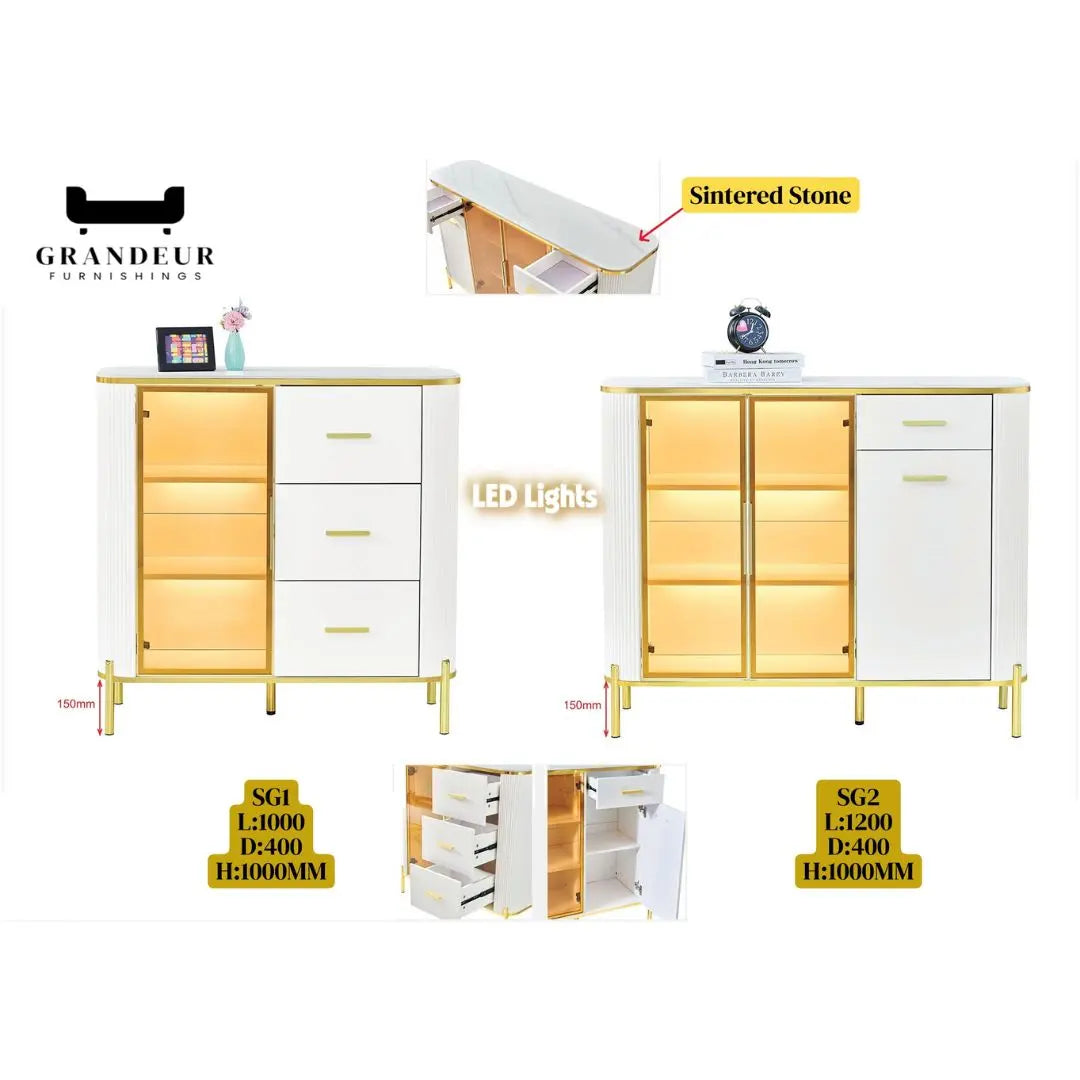 Glass Display Side Cabinet with LED Lights & Sintered Stone Top Storage Solution Grandeur Furnishings
