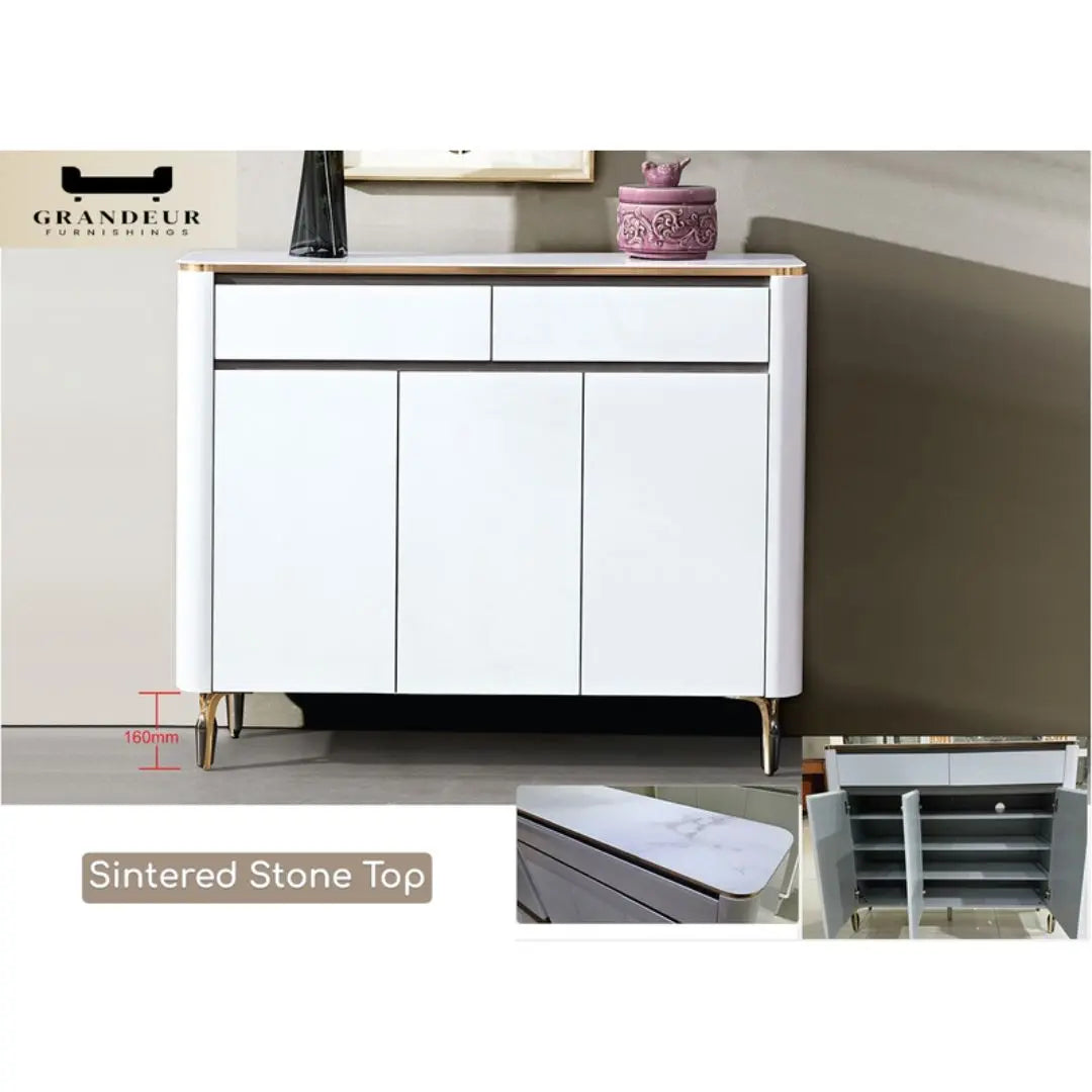 White Shoe Cabinet with Sintered Stone Top and Gold Accents Grandeur Furnishings