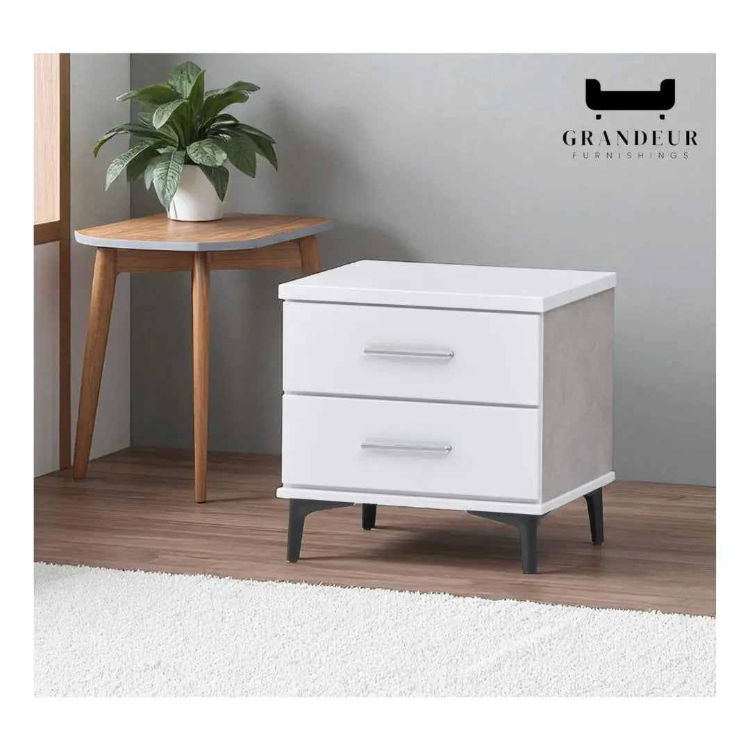 Modern 2-Drawer Bedside Table in White & Grey Finish Grandeur Furnishings