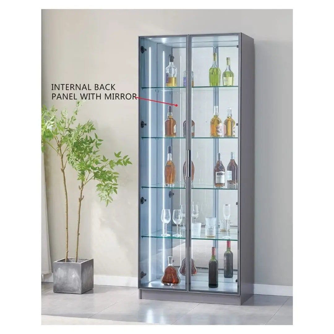 Glass Showcase Display Cabinet with LED & Mirror Back Grandeur Furnishings