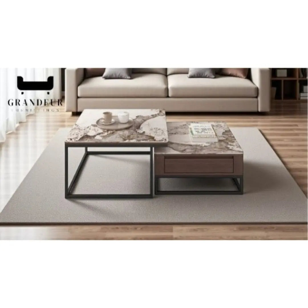 Square Coffee Table Set with Storage Drawers & Gloss Sintered Stone Top Grandeur Furnishings
