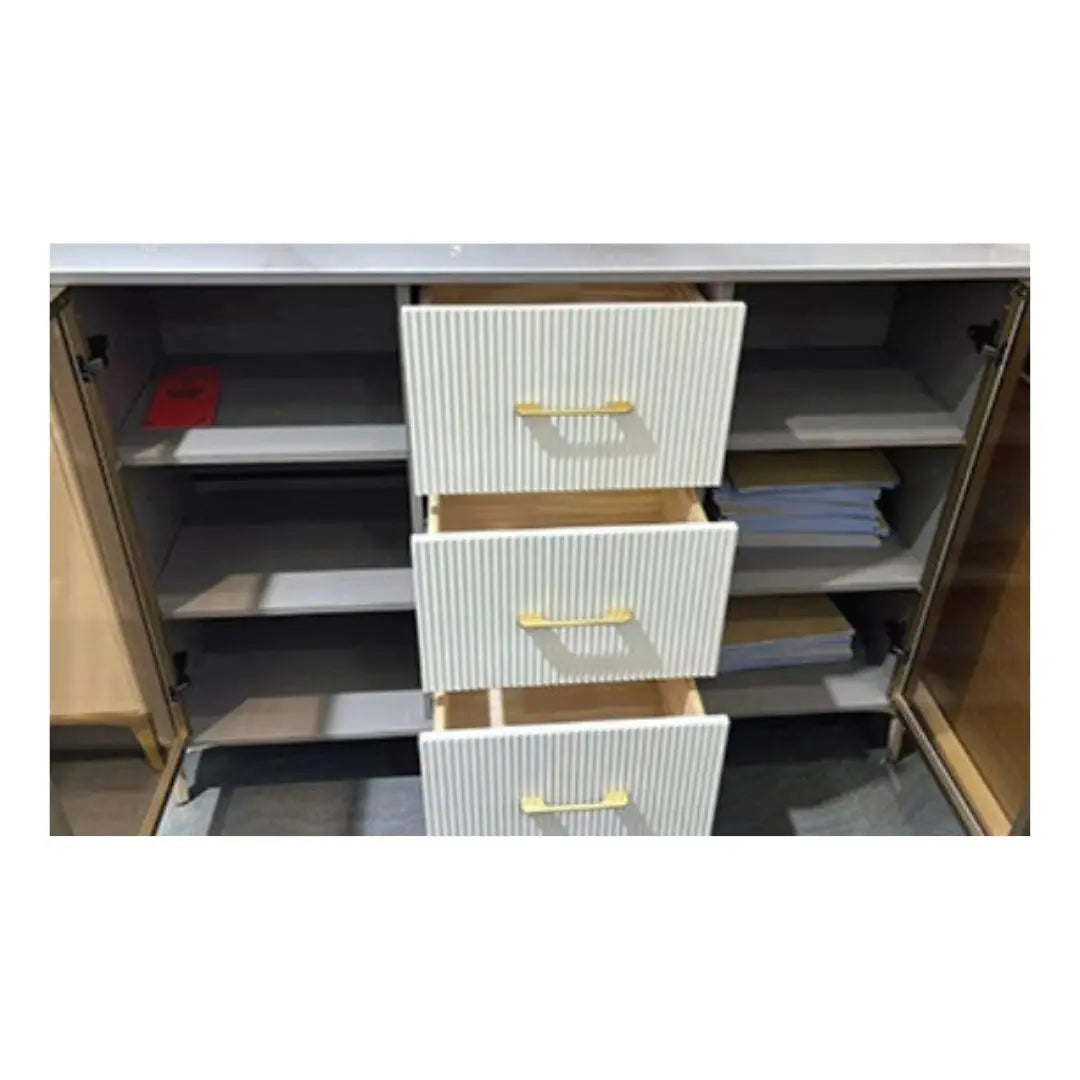Contemporary Glass Side Cabinet with Elegant Storage Solution and Sintered Stone Top Grandeur Furnishings