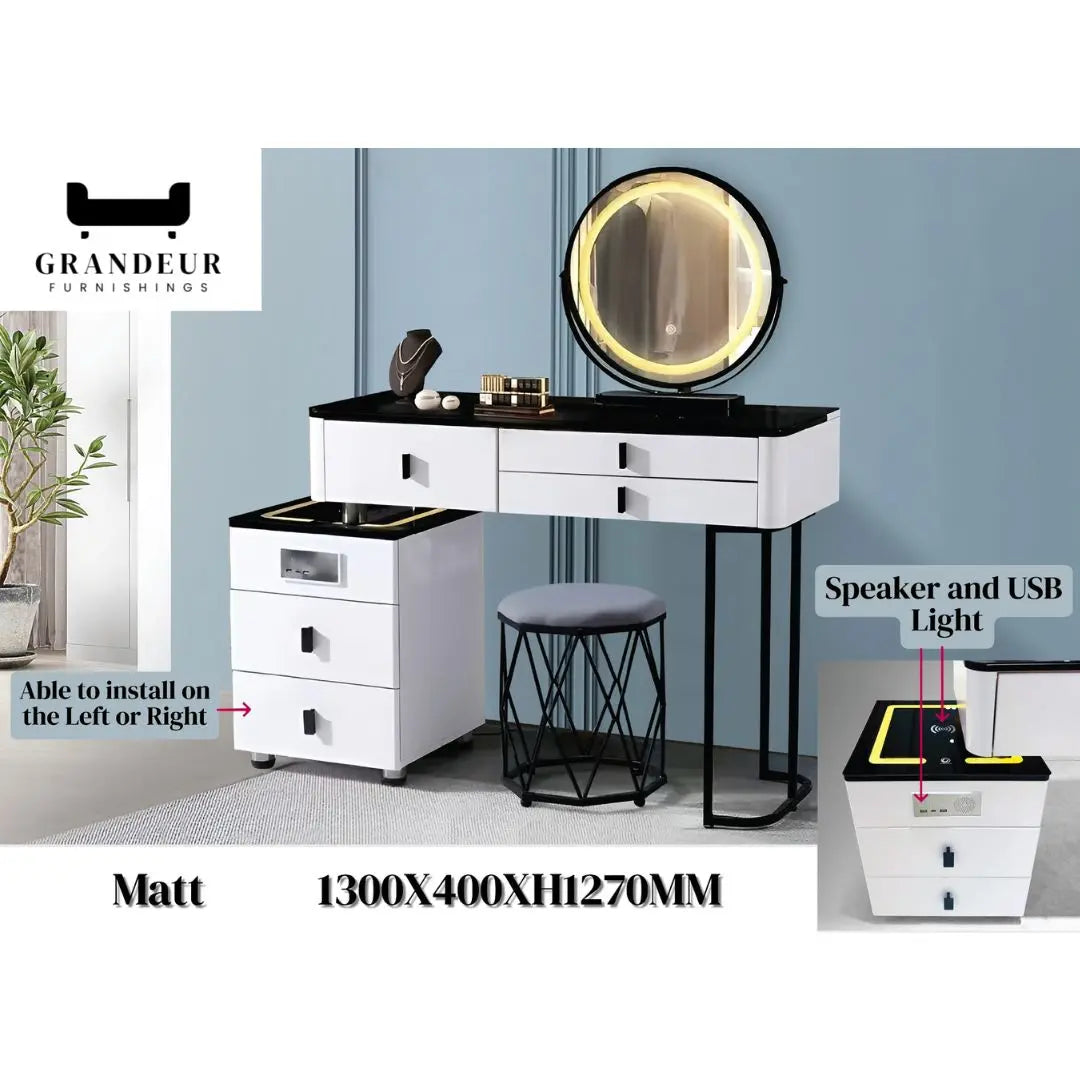 Modern Dressing Table with LED Light, Speaker and USB Charging Grandeur Furnishings