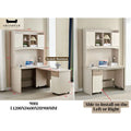 Beige corner desk and straight desk with shelving and dimensions