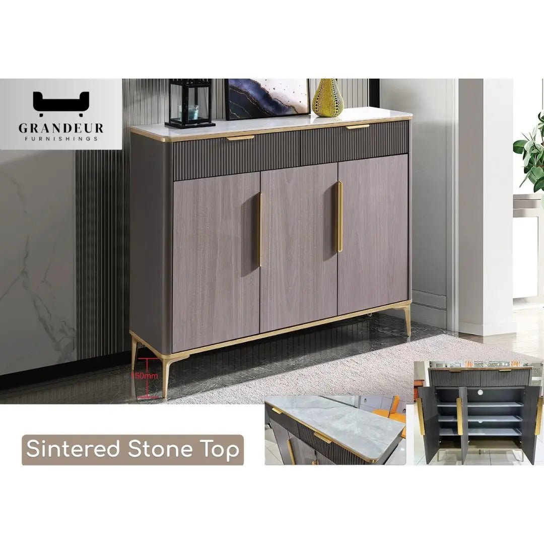 Modern Matt Shoe Cabinet with Sintered Stone Top and Sleek Golden Handles Grandeur Furnishings