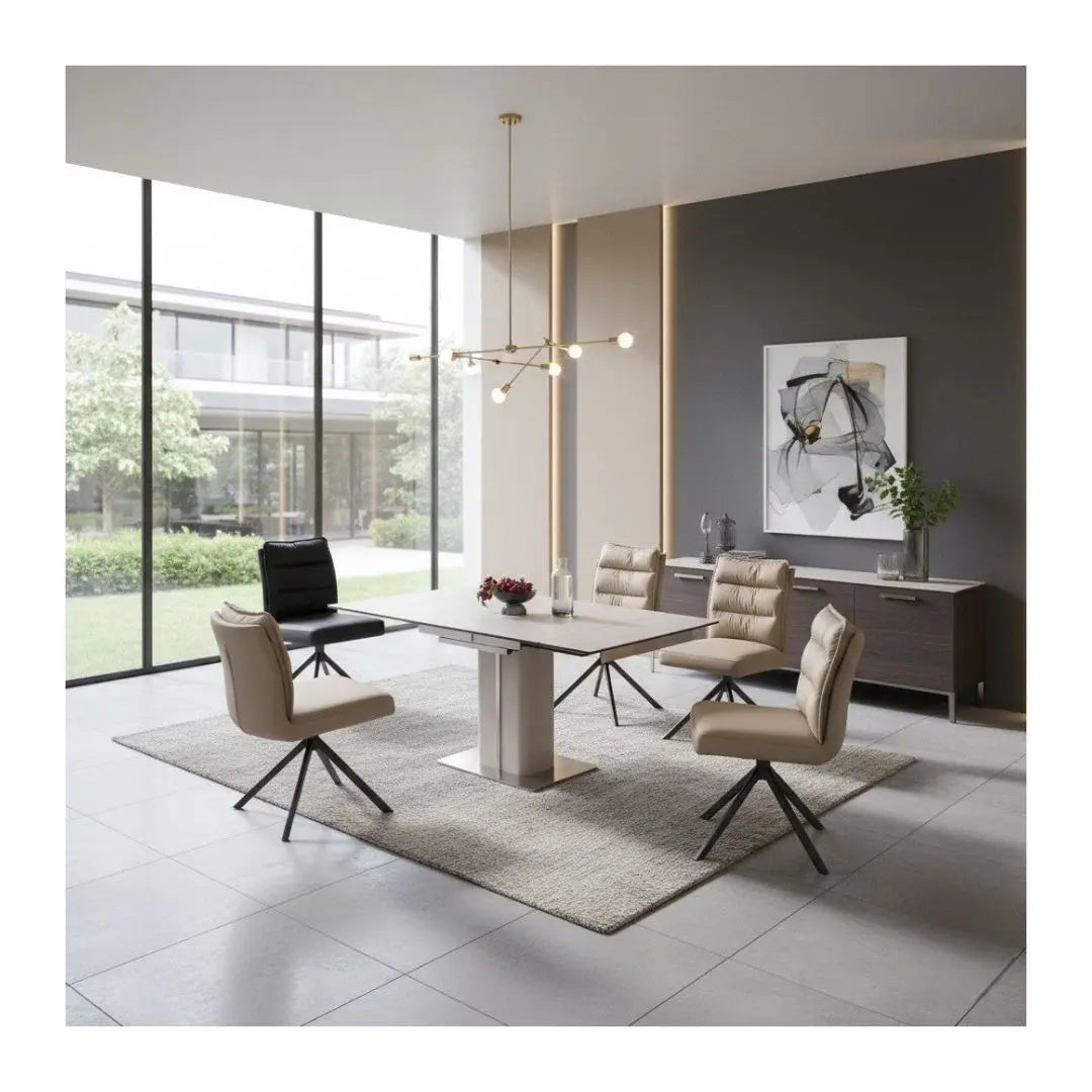 Contemporary Extendable Sintered Stone Top Dining Table Set with 180° Swivel Chairs 1+6 Grandeur Furnishings