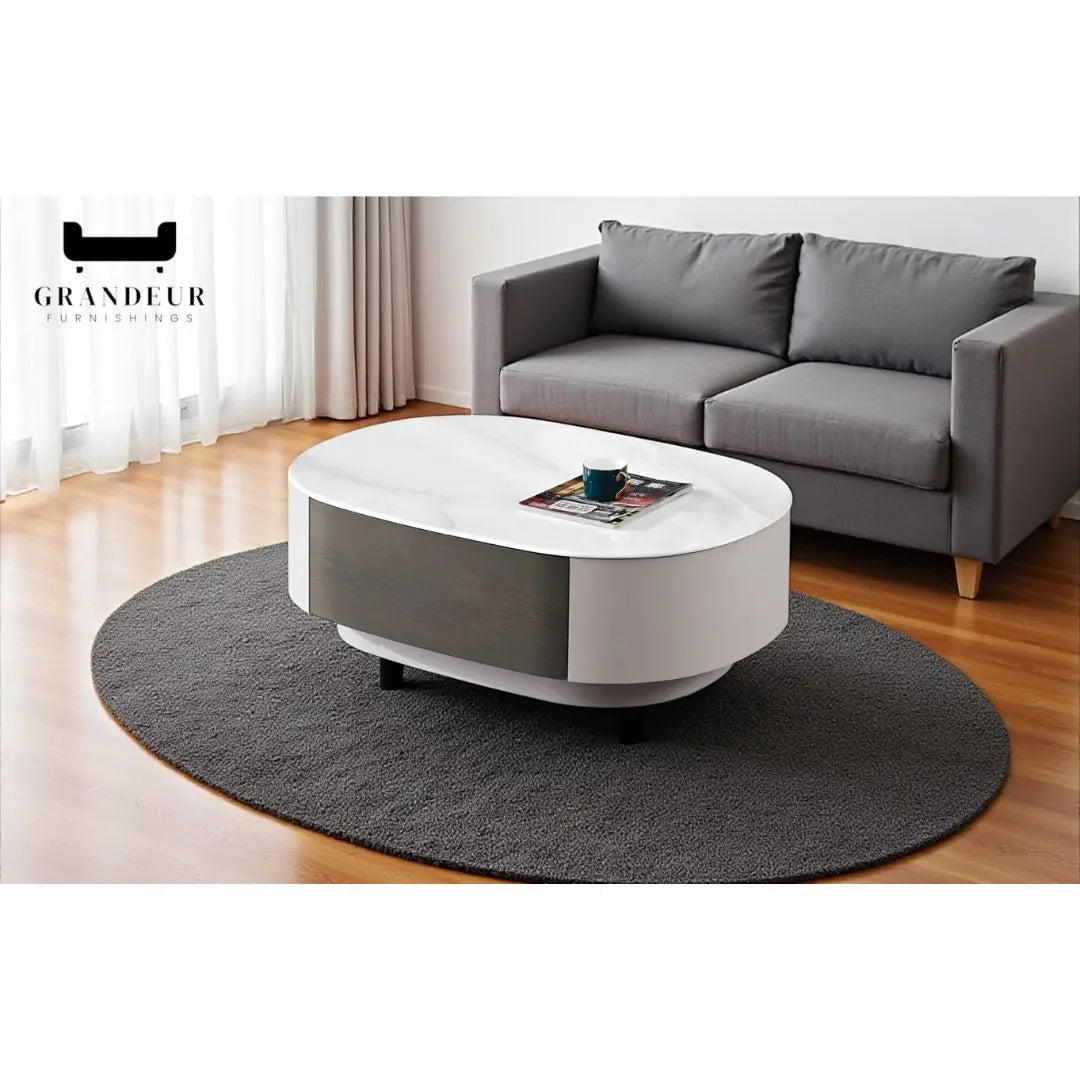 Gloss White Granite Stone Coffee Table with 2 Soft-Closing Drawers Grandeur Furnishings