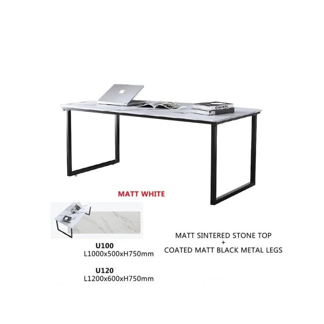 Matt Sintered Stone Top Study Table with Matt Black Metal Legs – Available in White & Grey Grandeur Furnishings