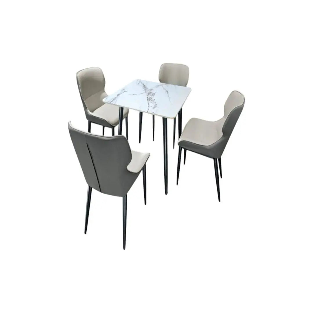 Elegant Marble Square Dining Table Set with Grey Chairs 1+4 Grandeur Furnishings