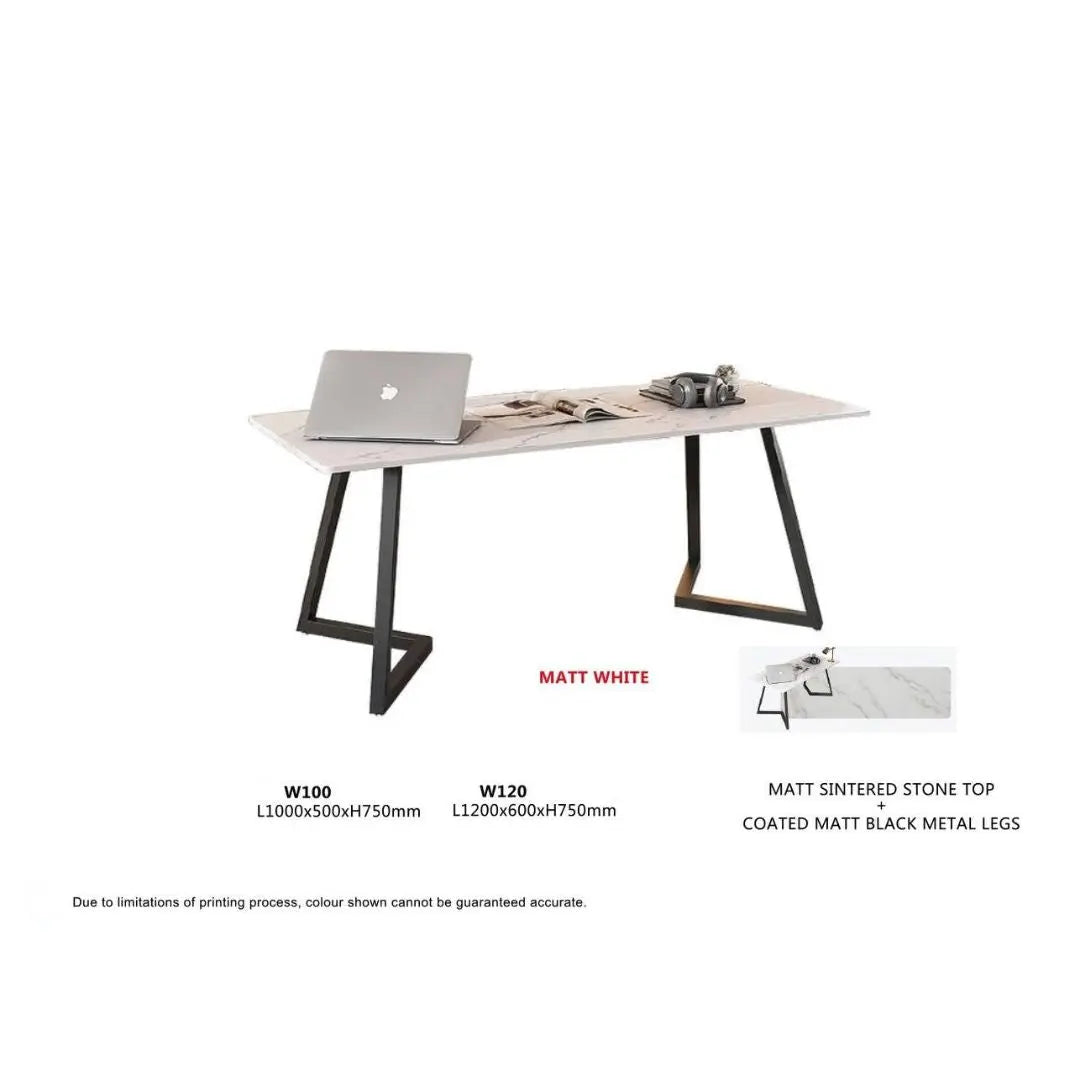 Modern Matt Sintered Stone Top Study Table with Angled Metal Legs – Available in White & Grey Grandeur Furnishings