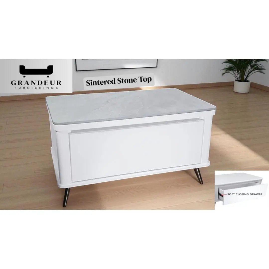 Modern White Coffee Table with Soft-Closing Drawer Grandeur Furnishings