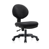 Black office chair with rounded backrest and wheeled base