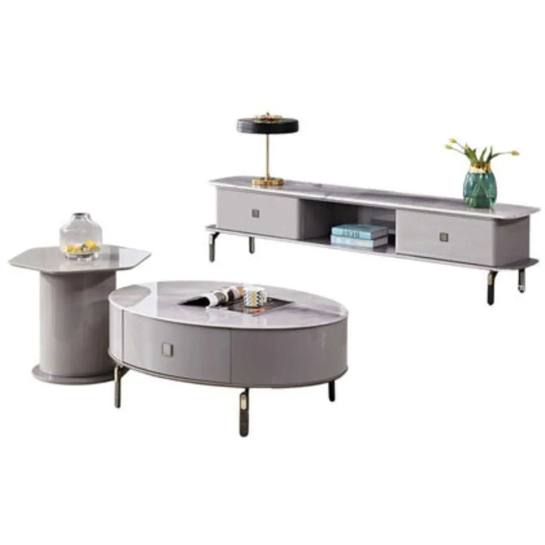 Elegant Grey Marble Coffee and TV Stand Set Grandeur Furnishings