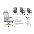 Grey and black mesh office chair with headrest and footrest, shown upright and reclined with dimensions