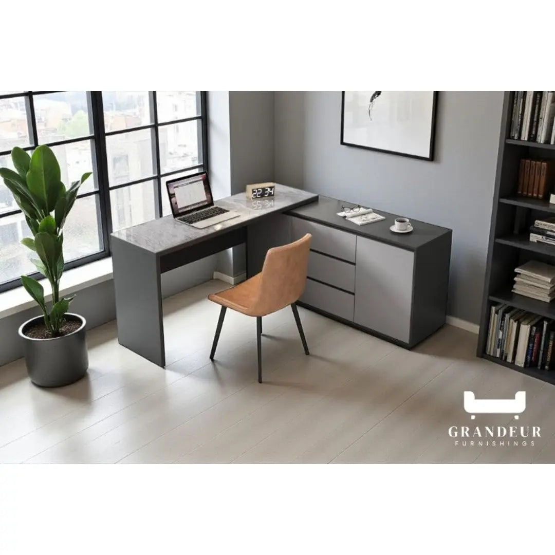 Modern L-Shaped Study Office Desk Table with Storage Grandeur Furnishings