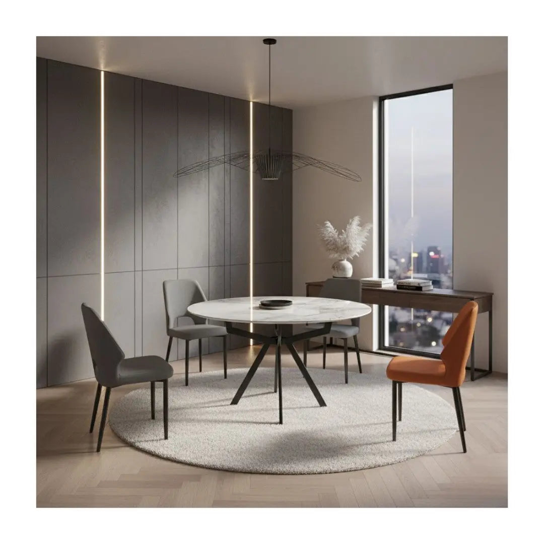 Modern Round Extendable Sintered Stone Dining Table Set with Metal Base and PU Chairs 1+4 Grandeur Furnishings