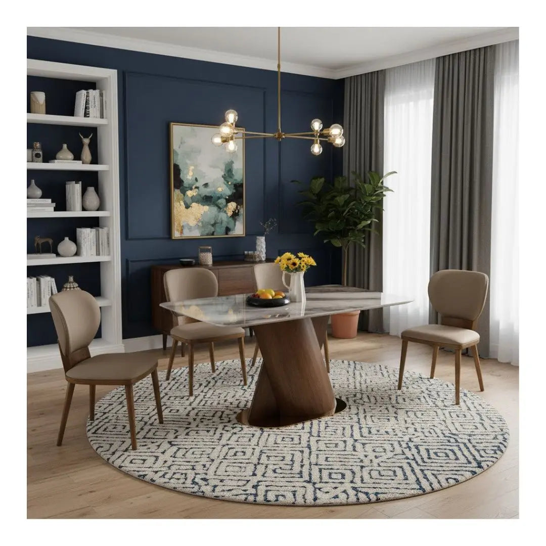 Elegant Marble Dining Table Set with Ash Wood Base & Leather Chairs 1+4 Grandeur Furnishings