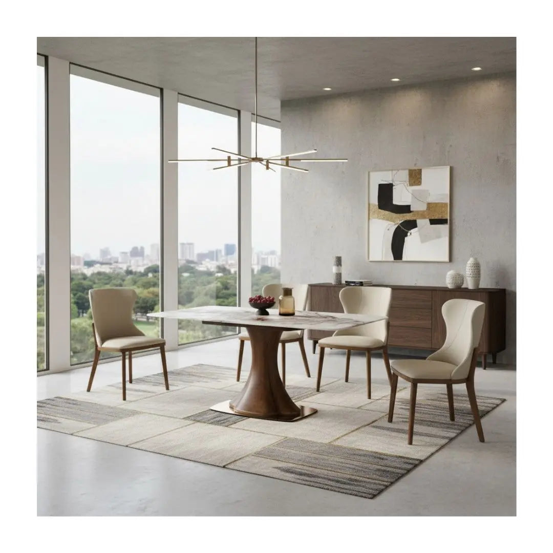 Luxurious Marble Dining Table Set with Ash Wood Base & Elegant Pet Friendly Leather Chairs 1+4 Grandeur Furnishings