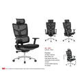 Black mesh office chair with segmented back, headrest and chrome-coloured base, rear views and dimensions