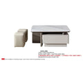 Grey coffee table with pull-out section, stools and size information