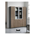 Wood-look book cabinet with central glass doors in an office