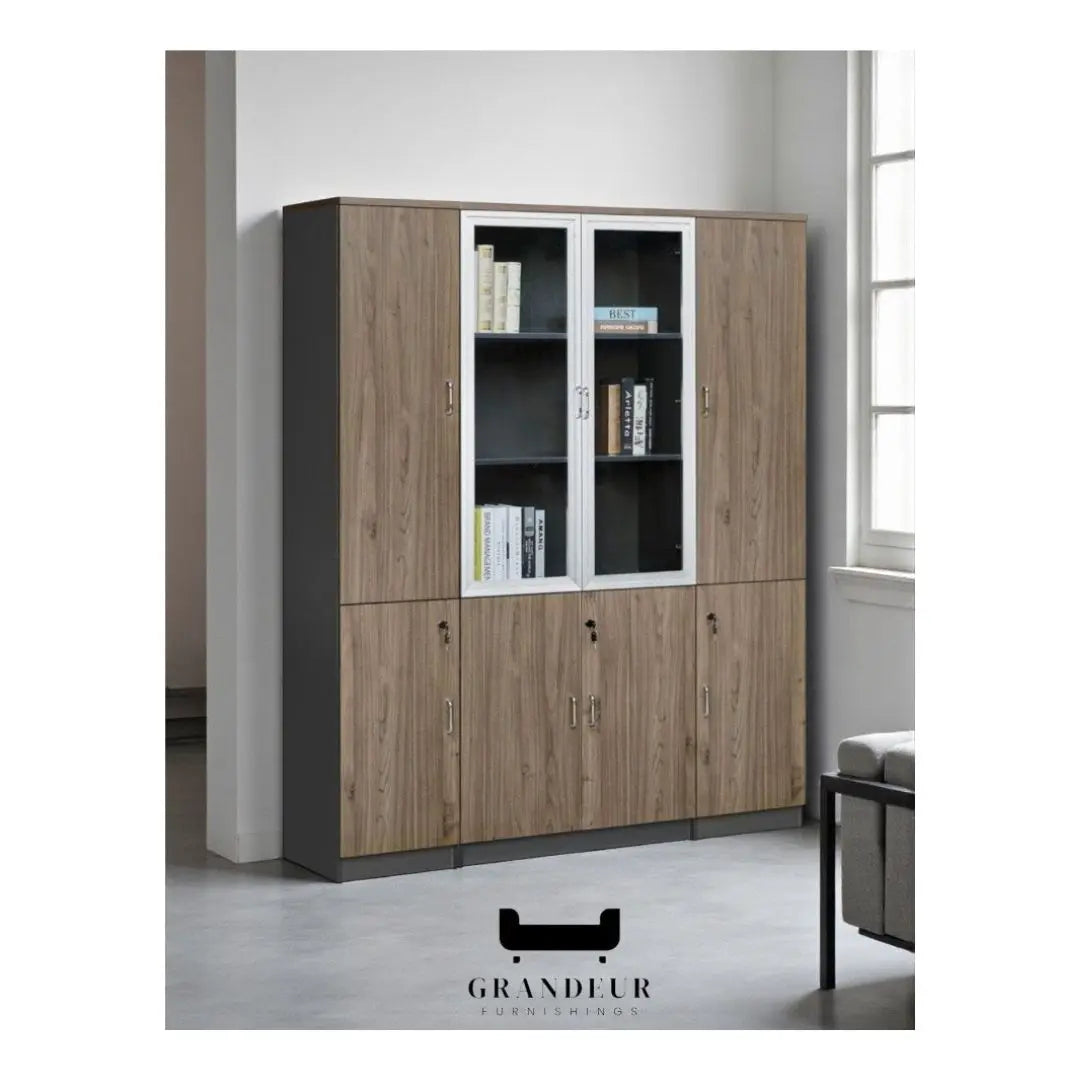 Executive Modular Bookcase | Wood Grain Office Storage Book Cabinet with Lockable Doors Grandeur Furnishings