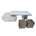 Grey coffee table with top raised, drawer open and two stools