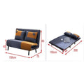 Two-tone navy and mustard sofa bed with flat bed view and dimensions