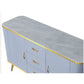 Stylish Blue Ribbed Side Cabinet with Gold Accents and Tempered Glass Top Grandeur Furnishings