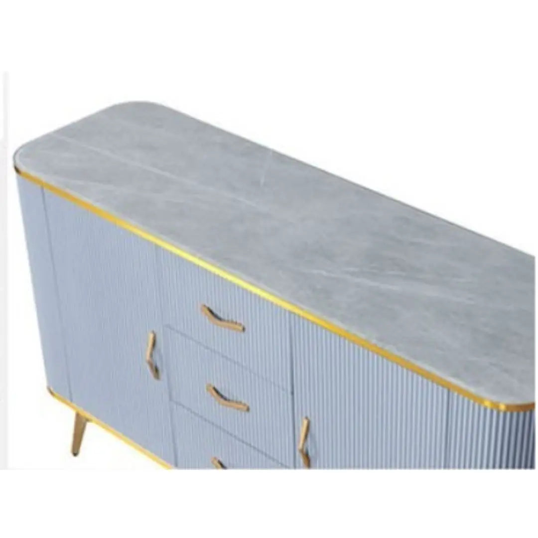 Stylish Blue Ribbed Side Cabinet with Gold Accents and Tempered Glass Top Grandeur Furnishings