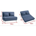 Blue sofa bed with flat bed view and dimensions