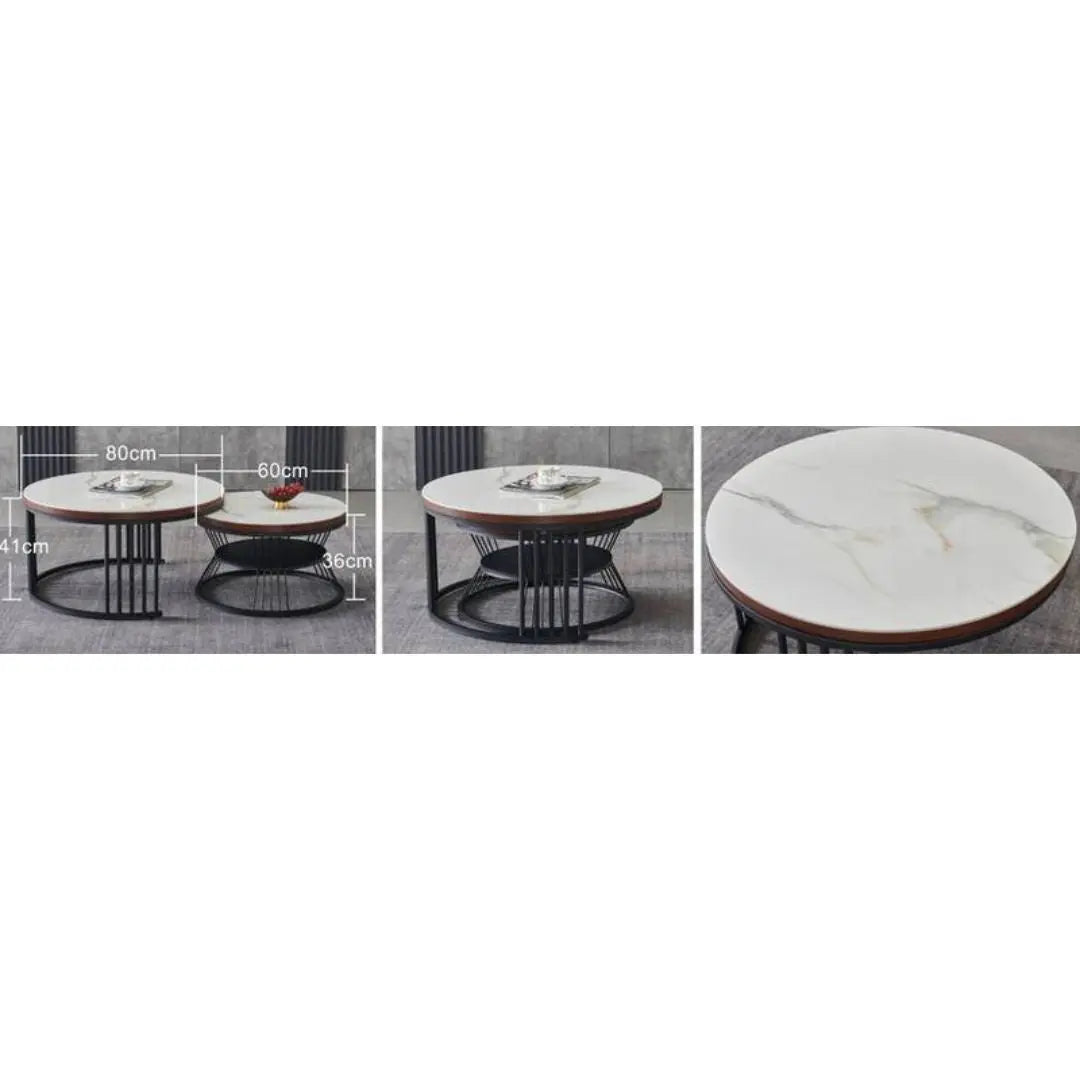 Nested Round Coffee Table with Sintered Stone Top and Black Metal Base Grandeur Furnishings
