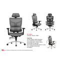 Grey mesh office chair with segmented back and mesh seat, shown from front and rear with features and dimensions