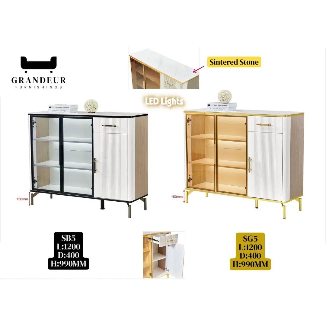 Elegant Side Cabinet with LED Lights & Sintered Stone Top – Modern Design with Glass Doors & Brass Accents Grandeur Furnishings