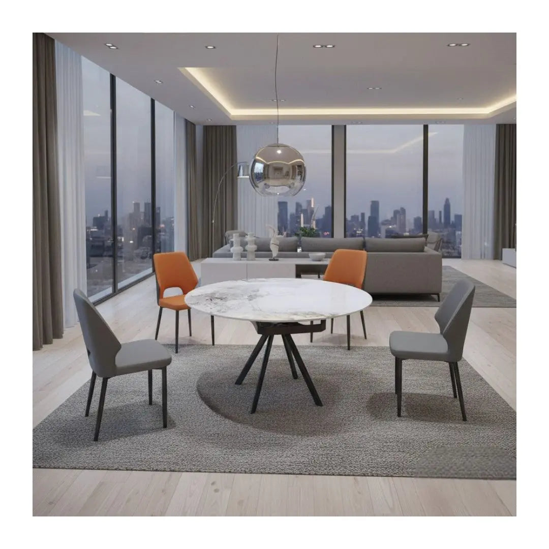 Modern Round Extendable Sintered Stone Dining Table Set with Metal Base and PU Chairs 1+4 Grandeur Furnishings